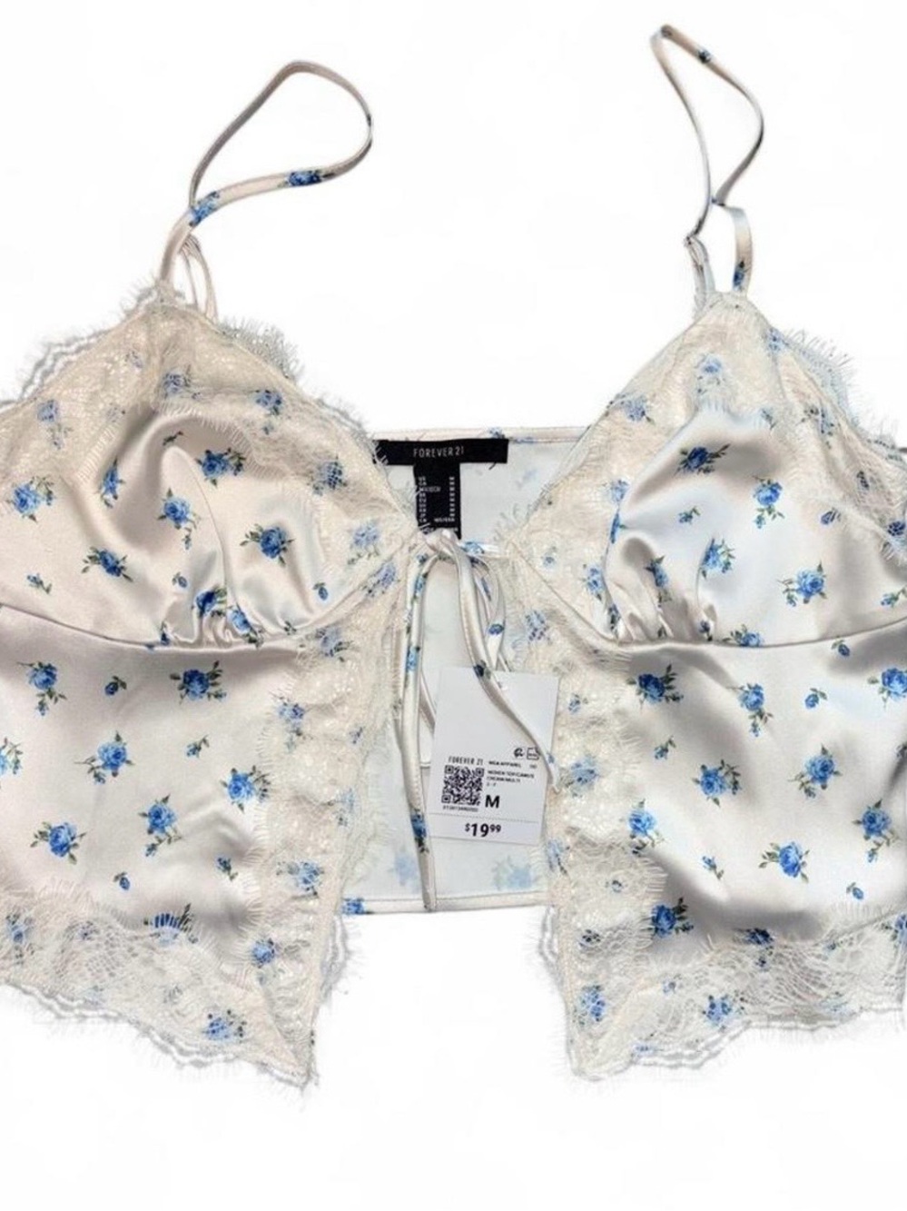 Forever 21 Cream Satin Floral Lace-Trim Crop Bralette